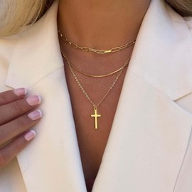 Jugielu Gothic Layered Cross Pendent Necklace Religious Cross Choker Necklace Gold Paperclip Chain Necklaces Crucifix Chain Necklaces Link Chain Choker Jewelry for Women