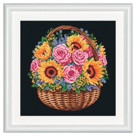 Dutch Stitch Brothers - Counted Cross Stitch Kit - DSB016 - Flower Basket - Aida Black - 32 x 32 cm - DIY for Adults