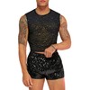 WDIRARA Men's 2 Piece Outfit Rhinestone Sequin Lace Mesh Crop