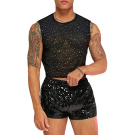 WDIRARA Men's 2 Piece Outfit Rhinestone Sequin Lace Mesh Crop Tank Top and Shorts Set, Black, Medium