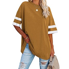Fisoew Womens Oversized Tees Loose T Shirts Half Sleeve Crew Neck Color Block Cotton Tunic Tops Brown