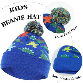 NATUST 3 Pcs Kids Winter Knit Hat Gloves Scarf Dinosaur Beanie With Pompom Children Knitted Warm Set Blue