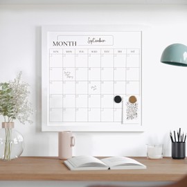 Martha Stewart Everette Magnetic Monthly Calendar Dry Erase Board with Included Dry Erase Marker and 2 Magnets, 18" x 18", White Woodgrain Frame