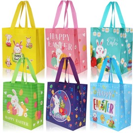 6 Pcs Easter Egg Hunt Bags Bunny Carrot Chick Treat Bag with Handles, Reusable Non-Woven Easter's Bag for Gifts Wrapping Party Supplies, Easter Basket Container 9.0×8.6×4.3 Inch (Color04 6-Packs)
