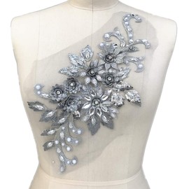 1938cm 3D Colorful Flower Mesh Embroidered Rhinestone Lace Beaded Applique with Sequins DIY Lace Fabric Trim for Clothes Accessories Hardware (Gray)