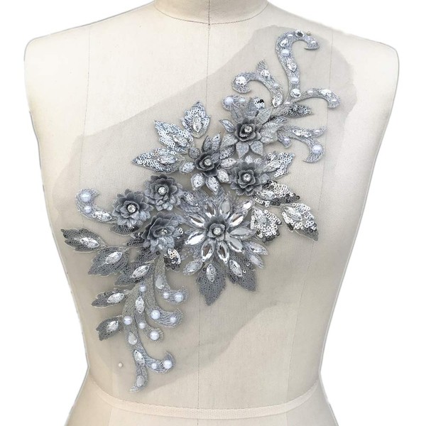 1938cm 3D Colorful Flower Mesh Embroidered Rhinestone Lace Beaded Applique