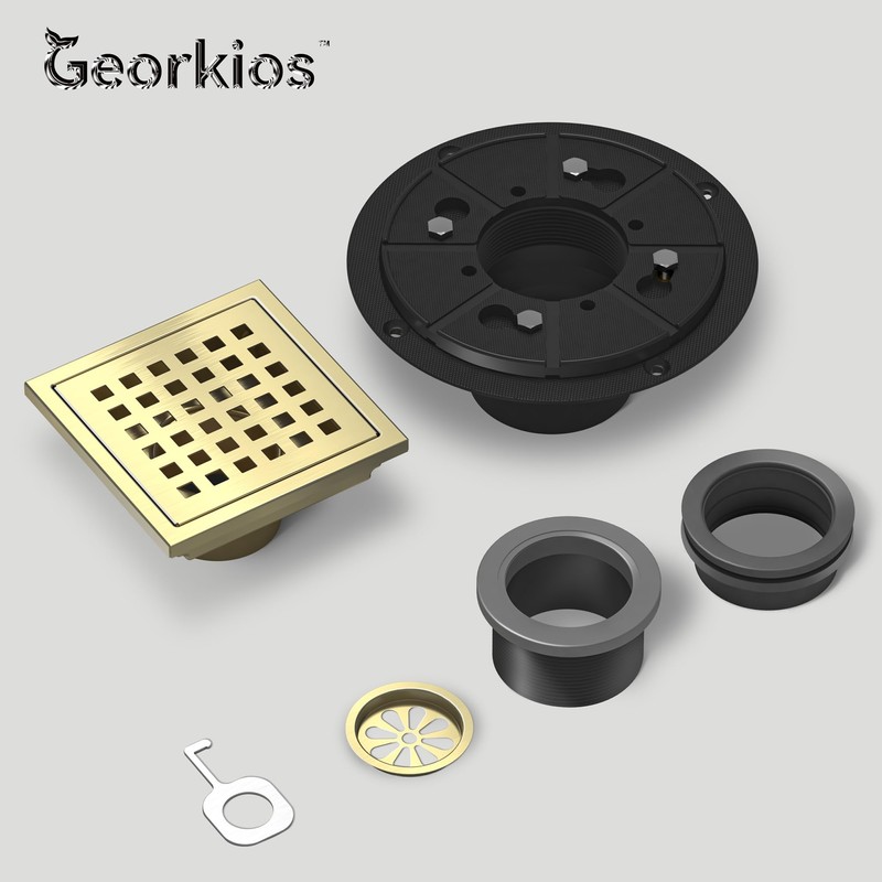 Georkios Brushed Gold 6 Inch Square Floor Drain, SUS304 Stainless
