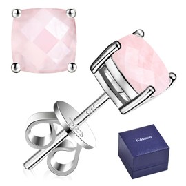 Kosuwo S925 Sterling Silver Handmade Pink Crystal Stud Earrings for Women -6mm,18K White Gold Plated Square Natural Gemstone Pink Stud Earrings for Women (Pink Crystal-white gold)