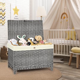 Honjourai Wicker Storage Basket with Lid,Rattan Shelf Basket with Removable Liner Bag,200L Storage Bin,Storage Trunk with Heightened Feet,Storage Container for Wardrobe,Home Organizer