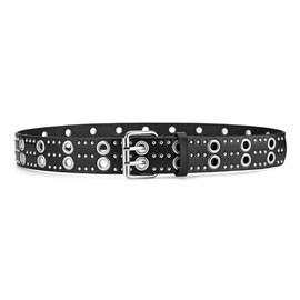 JAMAKALA Double Row Studded Grommet Belt, Punk Rock PU Leather Belt for Women Men, Women's Goth Rivet Belt, Black Gothic Belt Accessories for Jeans Pants