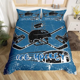 Feelyou Ice Hockey Bedding Set Twin Size Kids Ice Sports Games Comforter Cover Set for Boys Girls Teens Hockey Player Duvet Cover Puck Hockey Bedspread Cover Room Decor Quilt Cover