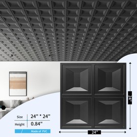 Art3d Drop Ceiling Tiles 24x24, 12 Sheets PVC Decorative Glue up Ceilng Panels 2x2, Black