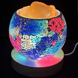 EHERDM Mosaic Glass Himalayan Salt Lamp Luminous Night Lamp with 3 Light Intensity Adjustment USB Plug in Wood Base Aroma Diffuser for Yoga Spa Meditation Blue