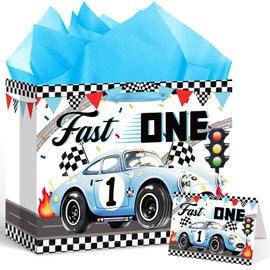 Innovoscape Blue Race Car Fast One 1st Birthday Gift Bag for Boys