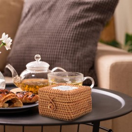 Kichvoe Rattan Storage Box Sundries Organizer Trinket Chest Desktop Storage Basket Keepsake Case Square Rattan Boxes Wicker Shelf Baskets Bin Small Basket with Lid