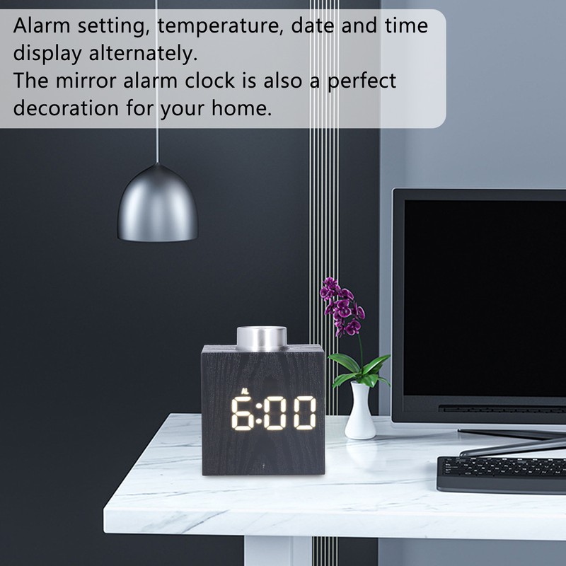 LED Knob Alarm Clock Digital Thermometer Display Imitation Wood Grain