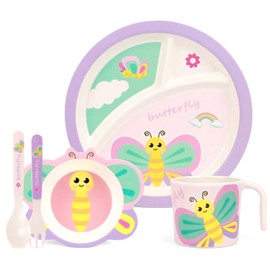 PHEENOWL Kids Dinnerware Set, Divided Plate and Spoon & Fork & Cup BPA Free Eco-Friendly Food Level Dinnerware Toddler Snack Meal Plate Feeding Picky Eater Boys and Girls (Butterfly)