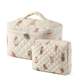 uekeboag 2 pcs Large Floral Quilted Makeup Bag Set for Women, Cotton Quilted Big Cosmetic Bag, Coquette Aesthetic Cute Travel Toiletry Bag(01White Bear)