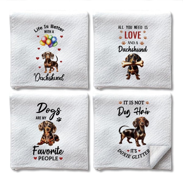 WADORN Pack of 4 Funny Dachshund Towels, Kitchen Tea Towels