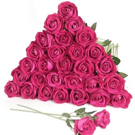 30 rosas de seda artificiales de color rosa intenso con tallo largo para arreglos, bodas, fiestas, decoración del hogar