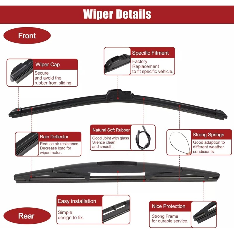 OEM 26" 19" 16" Front Rear Windshield Wiper Blade Set