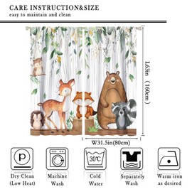 Forest Animal Curtains, Watercolor Wild Animal Bear Fox Deer Kids Window Treatments for Living Room Bedroom,Green Woodland Tree Kids Drapes 2 Panel Sets,63x63 Inch