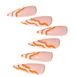 MERVF Long Stiletto Press on Nails Orange French Tip Fake Nail Swirls Design Glue ons Almond Manicure Acrylic Summer Nails Supplies Art DIY for Women Glossy 24pcs