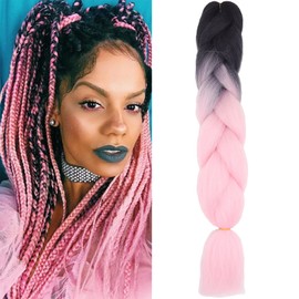 24 Inch Braids Extensions, Jumbo Braids, Synthetic Hair, 1 Bundle, Kanekalon Synthetic Crochet Hair, Braiding Hair, Afro Box Braiding (Black and Pink)
