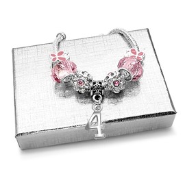 Girls Sparkly 4th Birthday Pink Butterfly Crystal Silver Plated Adjustable Charm Bracelet with Gift Box 4th Birthday Gifts for Girls Age 4