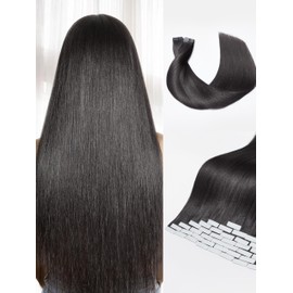 LUVME Real Human Hair Tape in Extensions Yaki Straight Natural Black 16Inch 50Pcs 110g Double Sided Tape for Skin Weft Hair Extensions Black Seamless Hair