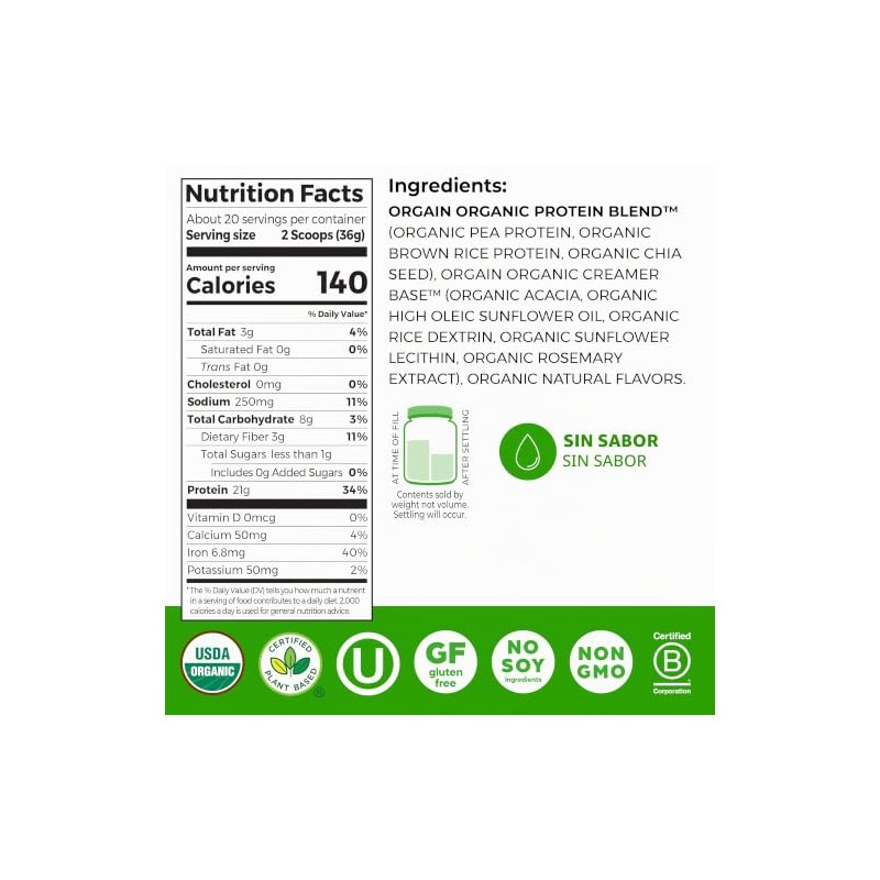 Orgain Organic Plant Based Protein Powder, Natural Unsweetened - Vegan,