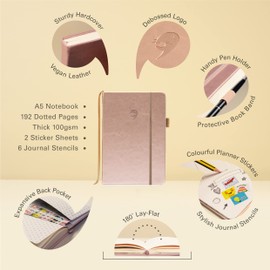 Ottergami Bullet Dot Journal A5 Notebook. Deluxe Journal Notebook + Stickers for Scrapbooking. 6 Stencils for Bullet Journaling. 100gsm A5 Paper Dotted Notebook. The Essential