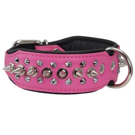 Dogs My Love Spiked Studded Genuine Leather Dog Collar 1.75" Wide (12-14.5" Neck; 1.75" Wide, Pink/Black)