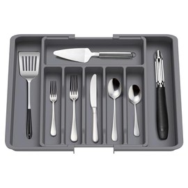 Utensil Organizer - Adjustable Kitchen Drawer Organizer for Forks, Knives (Grey)