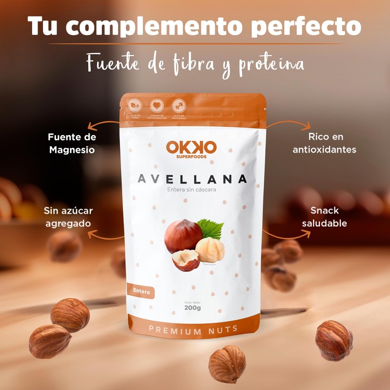 Avellana Entera 100% Natural Sin Cutícula, Calidad Premium 200g OKKO
