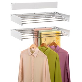 JolyBay Wall Mounted Laundry Drying Rack, Retractable Clothes Drying Rack for Bathroom with Wall Template, 5 Stainless Rods Heaving 60 lb Capacity (White, 31.5")