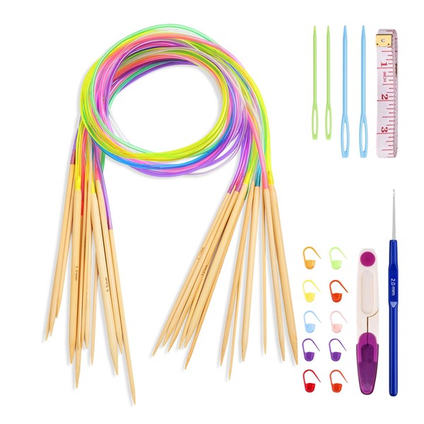 Coopay Bamboo Circular Knitting Needles Set, 18 Pieces, 120 cm, Double Pointed Knitting Needles, Circular Knitting Needle with Knitting Accessories and Crochet Hooks, Natural Bamboo Circular Knitting