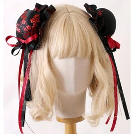 Kuroobaa Bun Cover, China Bun, Cotton Padded, Bun Hair, China Lolita, Halloween Cosplay (Black + Red Pattern)