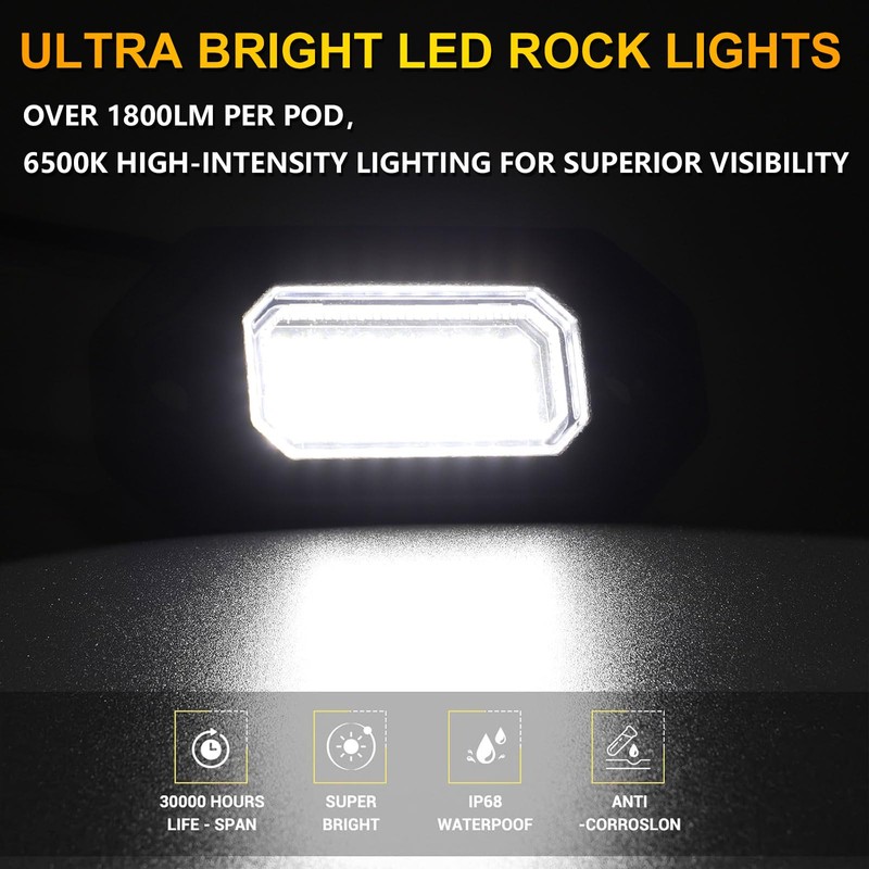 4Pods Metal Bright Pure White LED Rock Lights Kit,Per pod