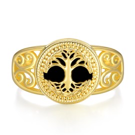 14K Yellow Gold Tree of Life Ring 925 Sterling Silver Black Onyx Tree of Life Ring Tree of Life Jewelry Gifts for Women Girls Size 7