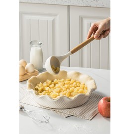 MIKIGEY Ceramic Deep Pie Pan for Baking, 11 inch Porcelain Pie Dish for Apple Pie, Oven & Dishwasher Safe, 48 Ounce Deep Plate for Kitchen, Non-Stick Pie Pans,Off-White, Embossed Dots