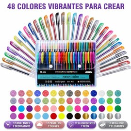 48 Plumas de Gel de Colores, Bolgrafos de Gel con Punta Fina 1.0mm para Colorear y Dibujo Artstico, Set de Plumas con Colores Metlicos, Glitter,...   
