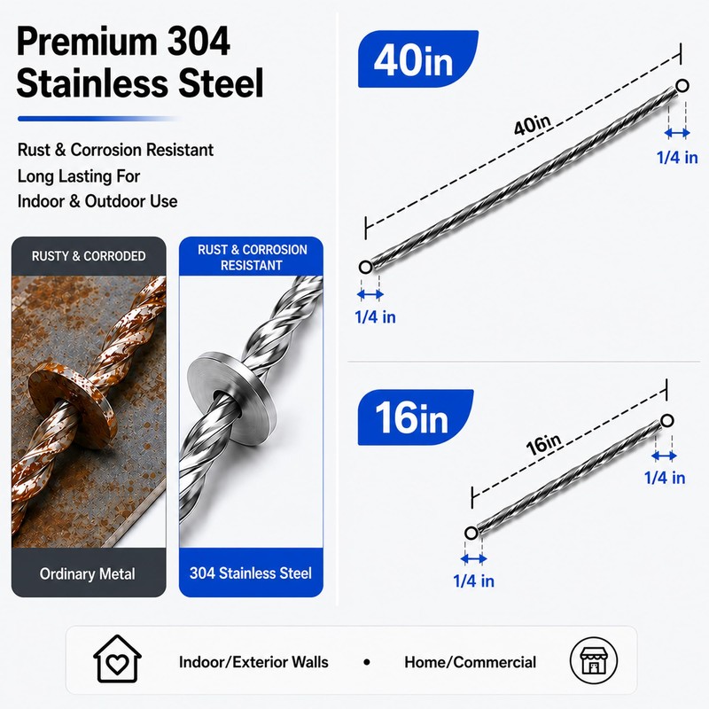 25 Pack Helical Wall Ties, 16" x 1/4" Stainless Steel