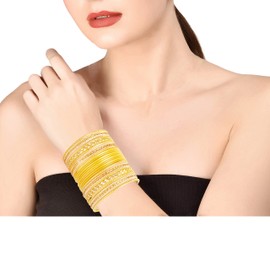 Touchstone "Colourful 2 Dozen Bangle Collection" Indian Bollywood Pastel Yellow Golden Glaze Designer Jewellery Special Large Size Bangle Bracelets Set of 24 in Gold Tone for Women, Yellow Gold