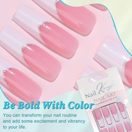 EternalClassic White French Tip Press on Nails Long Square Glitter Fake Nails Square, Glossy Acrylic Nails Press on 24pcs False Nails Pink Stick on Nails for Women