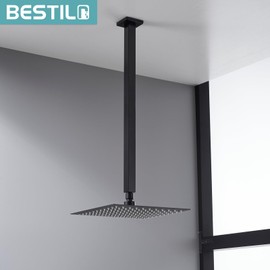 BESTILL 20 Inch Matte Black Ceiling Mount Shower Arm and Flange, Square Rain Shower Arm
