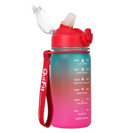 School Water Bottle,Kids Water Bottles with Straw and Time Markings, BPA Free 450ml Small Water Bottle,Leakproof Water Bottle, Dishwasher Safe Sports Water Bottle (Green Pink)