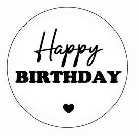 50 Pack 45mm Round Happy Birthday Stickers - White & Black Party Labels for Decorations, Gifts & Favours