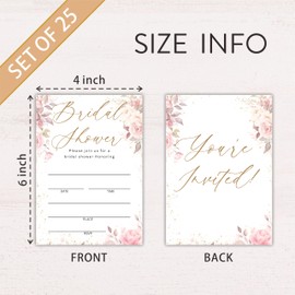Hsupl Bridal Shower Invitation Card (4"x6") - Set Of 25 Wedding Invitations With Envelope - Floral White & Pink Watercolor Flowers Invites For Bridal Shower Party - Engagement Party Supplies - A18