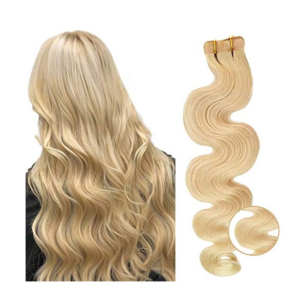 Tape in Wavy Hair Extension 20inches Long Curly Human Hair #60 Platinum Blonde Body Wave 100% Remy Hair Bonding Double Sided Tape Seamless Skin Weft Hair 20pcs/50g Glue In Hair Extensions